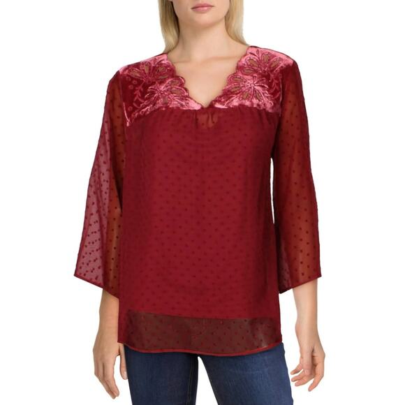 Style & Co Burgundy Floral Sheer Mixed Media Swiss Dot V-Neck 2-Piece Top XS NWT - Picture 1 of 16